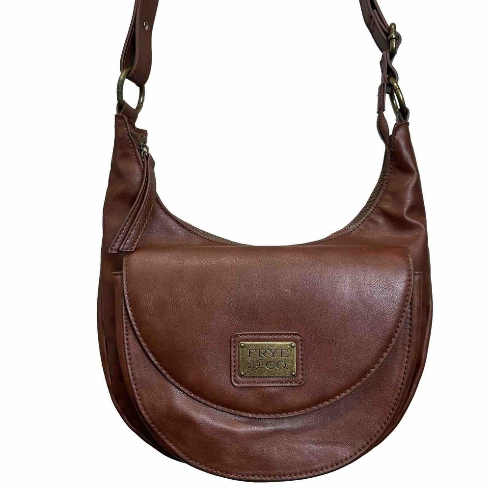 Frye and Co Brown Faux Leather Saddle Bag Crossbody Boho Purse Shoulder Zip Hobo